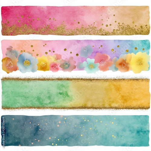 Set of four horizontal watercolor banners with gold glitter and flowers. Colorful floral headers for design. Decorative artistic elements