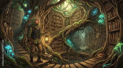 Enchanted Forest Library with Glowing Mushrooms and Ancient Trees.