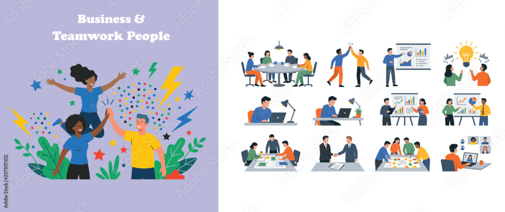 Fototapeta premium Business team celebration high five success people working together corporate teamwork set.