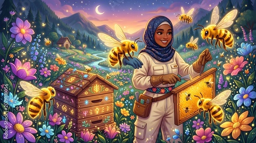 Muslim Beekeeper Woman in a Magical Flower Field with Bees and Hives.