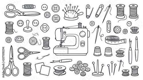 Konstfotografi Sewing machine and tailoring tools collection in hand drawn style