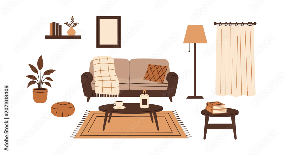Fototapeta premium Cozy living room interior with sofa, lamp, curtains, plants, coffee table, books, candle, decorative items in warm tones, home decor, interior design inspiration