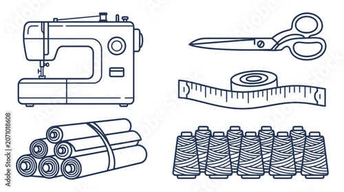Fotografie Tailoring and dressmaking equipment line art set