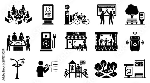 Canvastavla Various modern city life icons depict people, technology, and transportation
