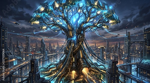 Futuristic Cityscape with a Giant Bioluminescent Tree.