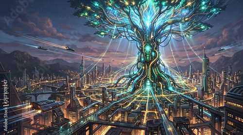 Futuristic Cityscape with Bioluminescent Tree of Life.