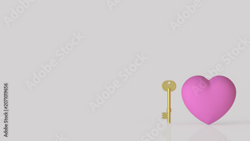 Golden Key and Pink Heart on Minimal Background 3d render.