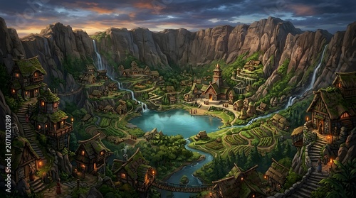 Enchanting Fantasy Valley with Crystal Lake and Mountain Village.