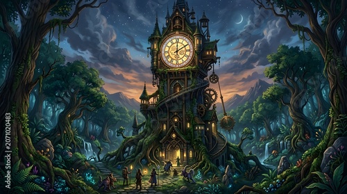 Enchanted Clock Tower in Mystical Forest at Dusk.