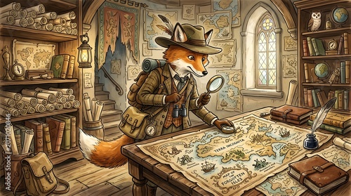 Anthropomorphic Fox Explorer Studying Ancient Maps in a Cozy Study.