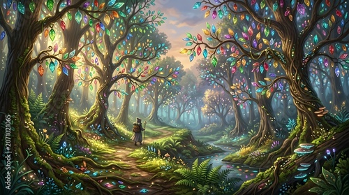 Enchanted Forest Path with Glowing Lights and Mystical Trees.