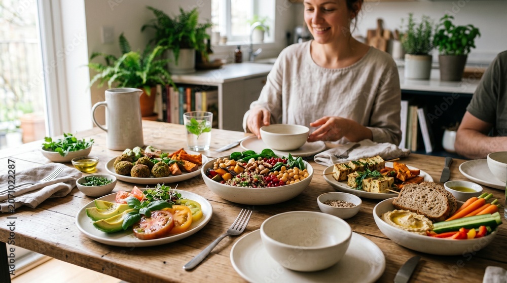 Naklejka premium Healthy vegan meal with fresh vegetables and plant-based dishes on tab