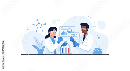 Diverse Scientists Conducting Research in Modern Laboratory with Scientific Icons