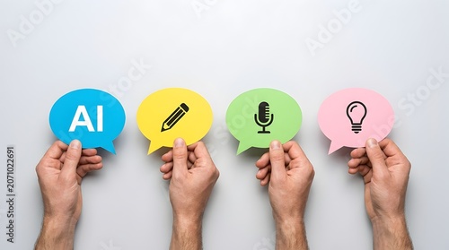 Hands holding colorful speech bubbles with AI, pencil, microphone, and lightbulb icons on white background. Concept of digital content creation, podcasting, and brainstorming.