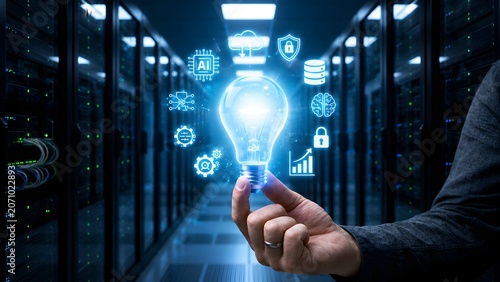 Male hand holding glowing lightbulb with orbiting digital tech icons in server room. Concept of artificial intelligence database innovation, cloud network security, and smart computing.