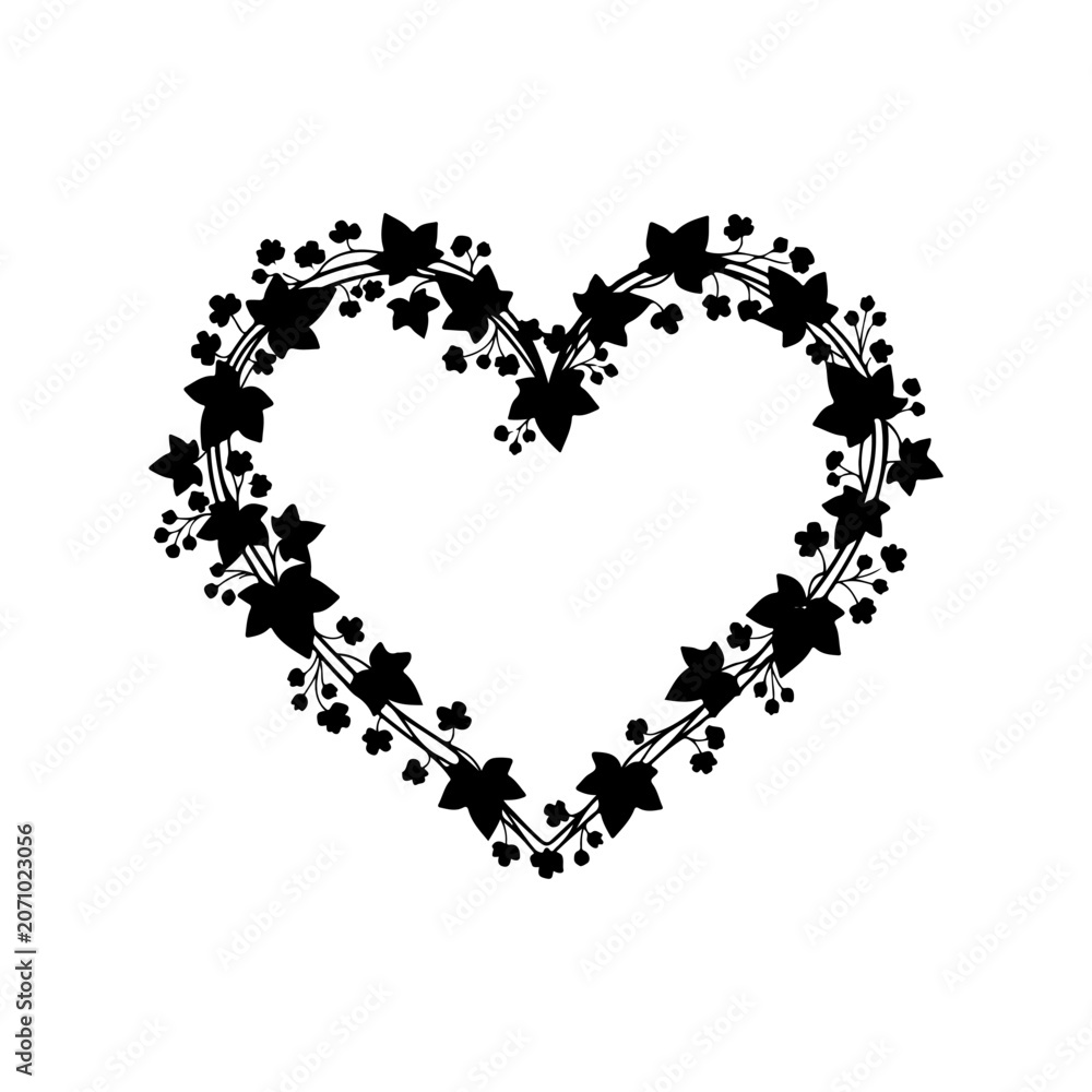 Fototapeta premium Heart shaped ivy wreath silhouette isolated on white background.