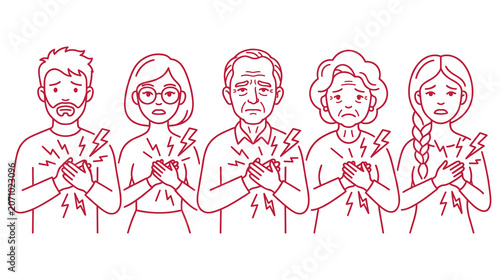 Bild auf Leinwand Group of people suffering from severe heart ache holding chest with both hands red outline