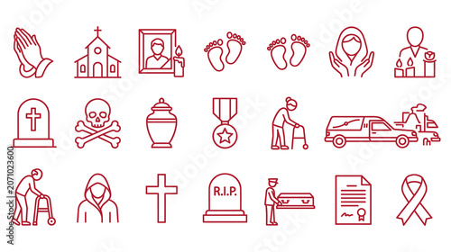 Foto Funeral service and mourning theme line icons for burial and memorial vector illustration