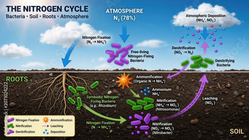 Nitrogen cycle diagram soil ecosystem plant root nitrogen fixation nitrification denitrification ammonification atmosphere educational illustration biology concept