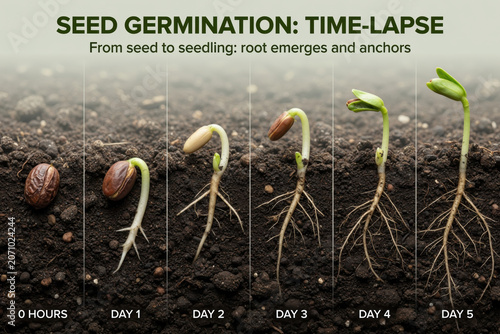Seed germination time lapse plant growth seedling root system soil agriculture farming biology education timeline botany life cycle sprout development nature ecology garden horticulture