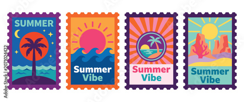 Quadro su tela Summer vibe postage stamps with tropical scenes sun waves palm trees and desert landscape