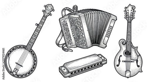 Bild auf Leinwand Acoustic folk music instruments set featuring banjo and accordion