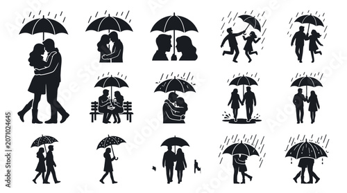 Fotografie Vector art depicts couples interacting with umbrellas in various romantic poses and settings