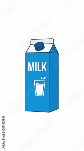 Blue carton packaging of milk featuring glass icon with splash on white background