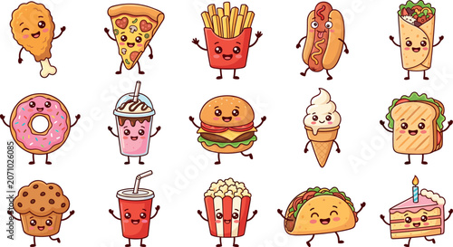 Happy cartoon food characters with faces and arms waving cheerfully