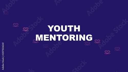 Youth mentoring concept animation with floating hearts on dark blue background, guidance support education