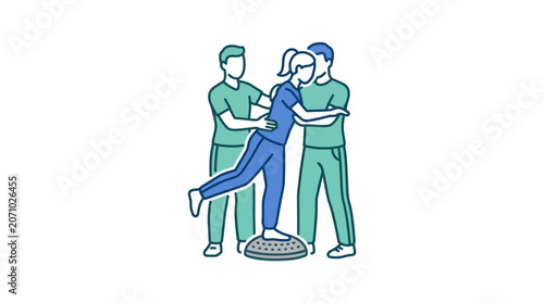 Physical Therapy Patient Balancing on Bosu Ball with Therapists