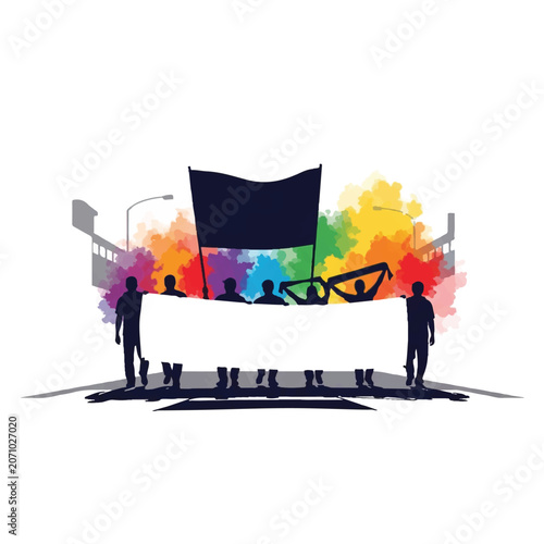 Stylized silhouette of fans marching through an urban street with a large blank banner and colorful smoke, morning light, energetic and communal mood, minimalist flat vector artwork, clipart
