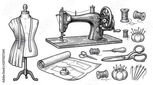 Antique sewing machine and tailor equipment collection