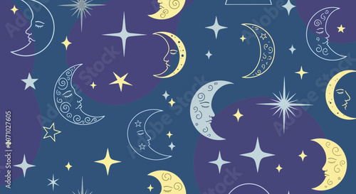 Celestial Seamless Pattern with Mystical Moon Faces and Twinkling Stars in Night Sky
