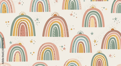Boho Seamless Rainbow Pattern with Hand Drawn Suns and Stars in Muted Earth Tones