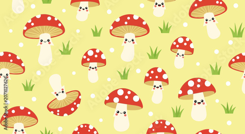 Cute Kawaii Red Mushroom Seamless Pattern with Smiling Faces and Green Grass