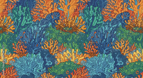 Colorful Hand Drawn Coral Reef Underwater Seamless Pattern Illustration