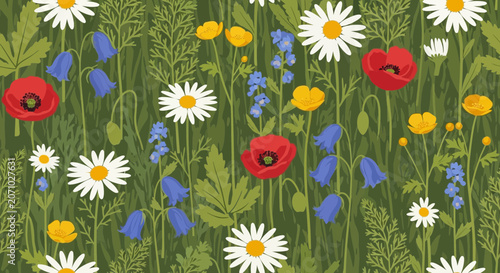 Colorful Seamless Wildflower Meadow Pattern with Red Poppies and White Daisies