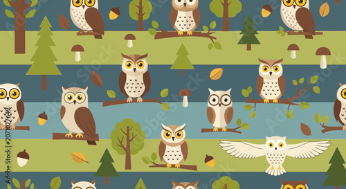 Cute Owl Birds and Forest Trees Seamless Pattern in Flat Design Style
