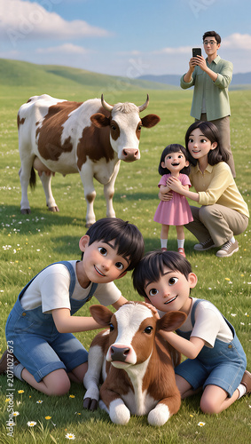 A family with a cow and her calf