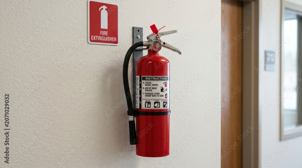 Obraz premium Red fire extinguisher mounted on a white wall with a location sign. Emergency safety equipment in an office building hallway. Workplace hazard prevention and fire code compliance