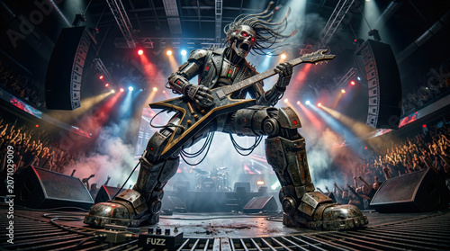 Cyborg rockstar playing electric guitar on concert stage. Futuristic heavy metal robot musician performing live in front of cheering crowd