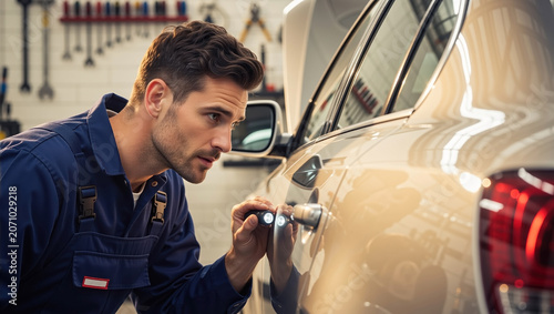 Professional male mechanic inspecting car bodywork with a flashlight in a garage. Auto service technician checking vehicle paint for scratches or defects