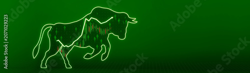 Financial bull market background with upward arrows and bullish trend line forming bull shape indicating stock market expansion and growth 3D Rendering