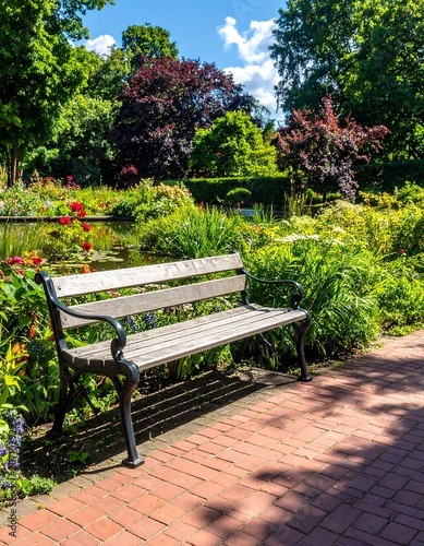 A sunny park scene with a wooden bench on a brick path, surrounded by vibrant flowers, lush greenery, and a reflective pond