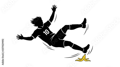 Funny Soccer Player Slipping on Banana Peel Vector Illustration for Sports Humor Design slip fall comedy cartoon athlete action flat