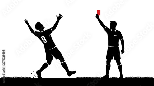 Soccer Player Celebrating Victory While Referee Shows Red Card in Modern Vector Illustration Style football redcard celebration disappointment sports action