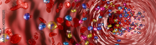 Vitamin and mineral molecules inside human blood, essential nutrition for body health and wellness, 3D Rendering
