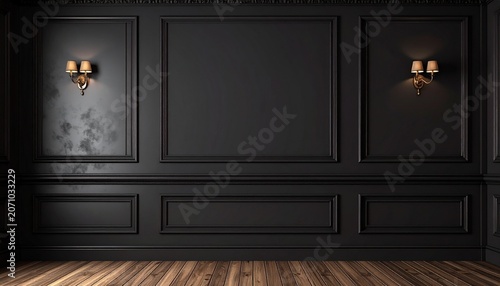 Elegant black paneled wall with sconces and wooden floor.
