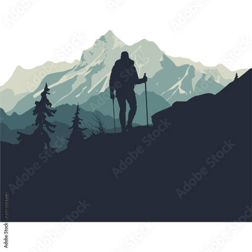 Hiker silhouette walking in mountain landscape